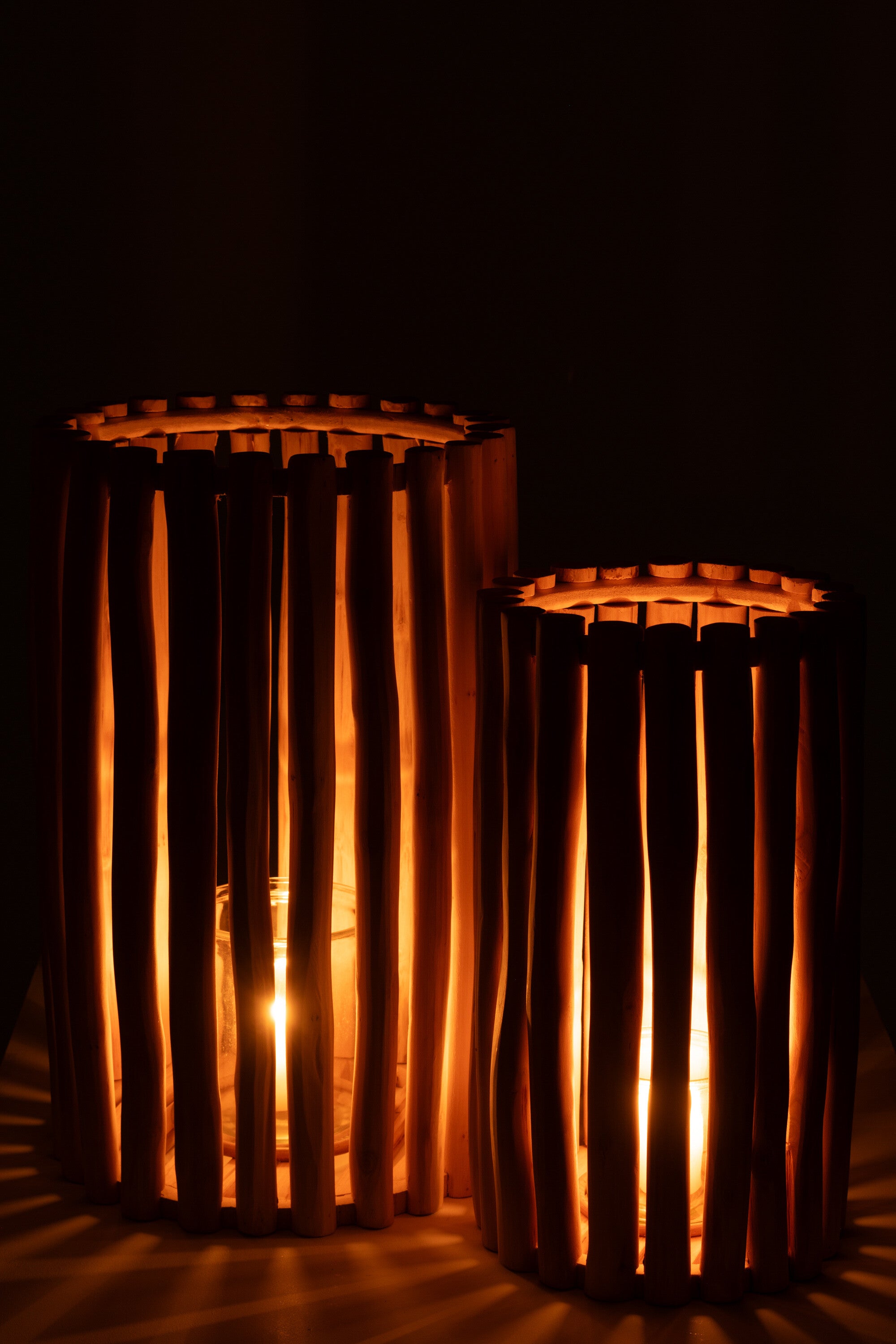 J-Line lantaarn - hout - naturel - set van 2