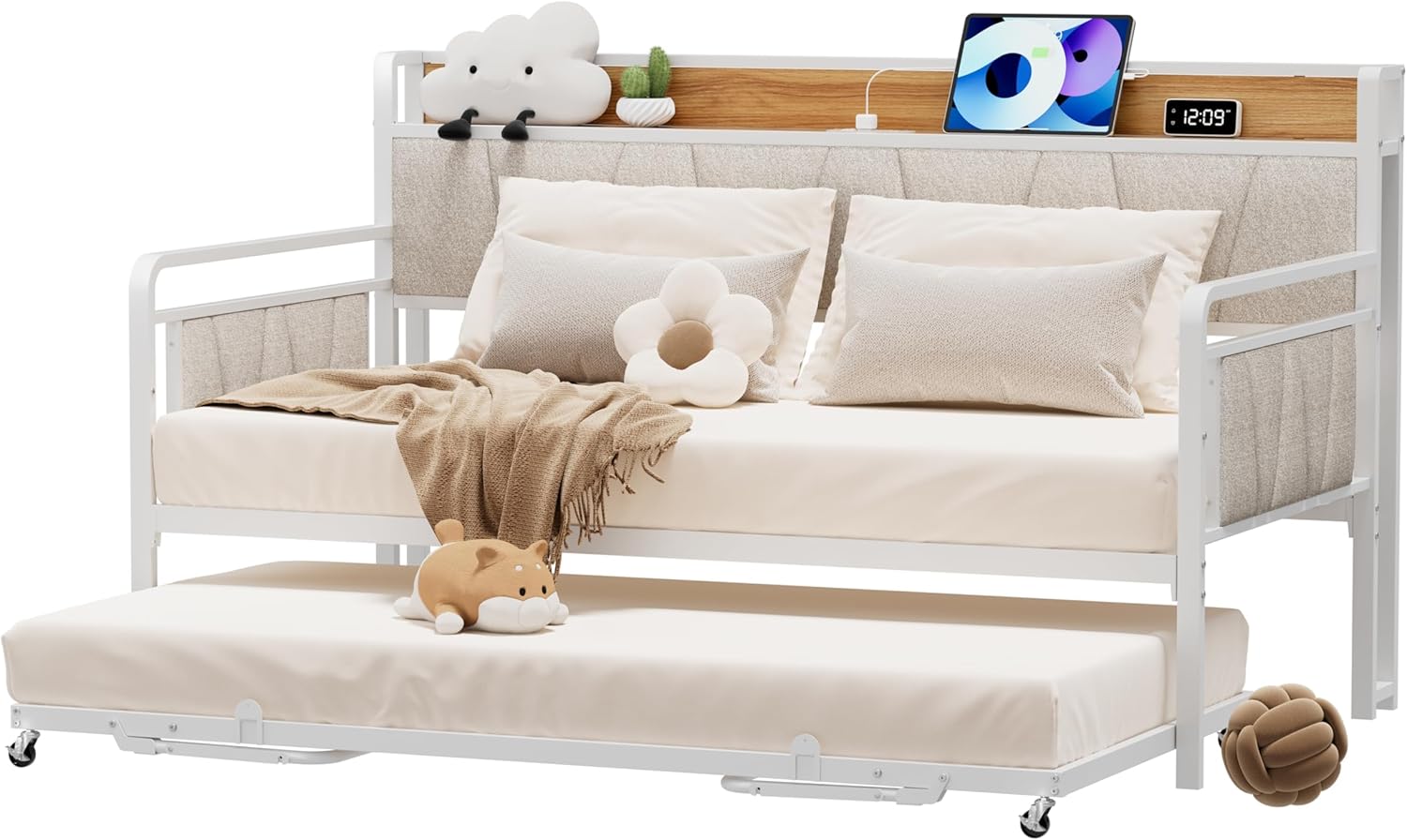 Twin Daybed with Trundle, Modern Twin Size Sofa Day Bed, Sturdy Metal Bed Frame with Upholstered Headboard for Living Room, Bedroom, Studio Apartment (White)
