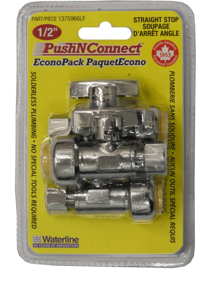 Waterline Push N' Connect Brass Straight Stop Valve Set, 1/2 x 3/8-in, 3-pk