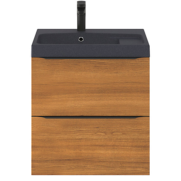 Meuble vasque suspendu effet noyer l.60 cm Imandra   plan vasque noir résine Mila, GoodHome