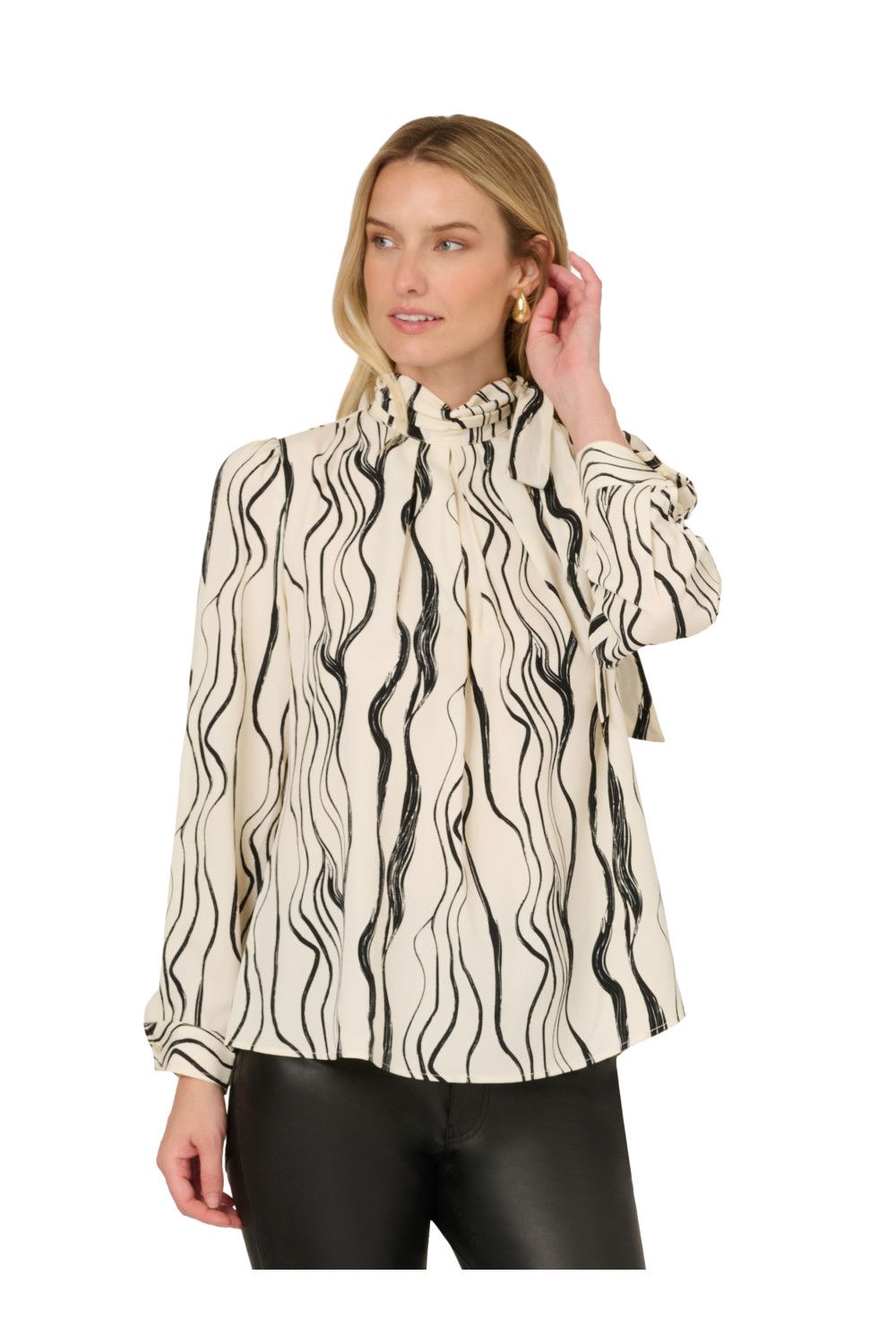 Adrianna Papell Shirred Bow Tie Neck Printed Woven Blouse With Pleats