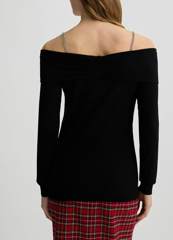 Maglia con scollo bardot e pietre gioiello