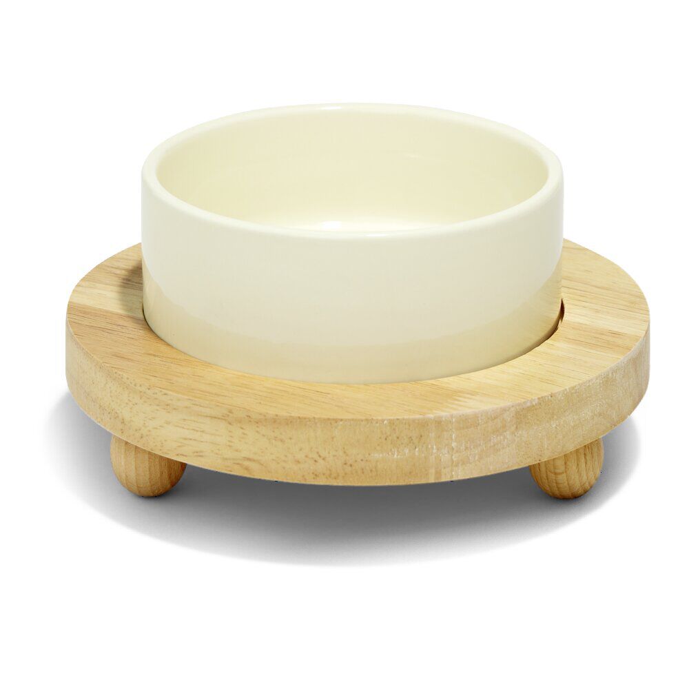 Gamelle ronde pour chien en dolomite avec socle en bambou Ø18,5cm