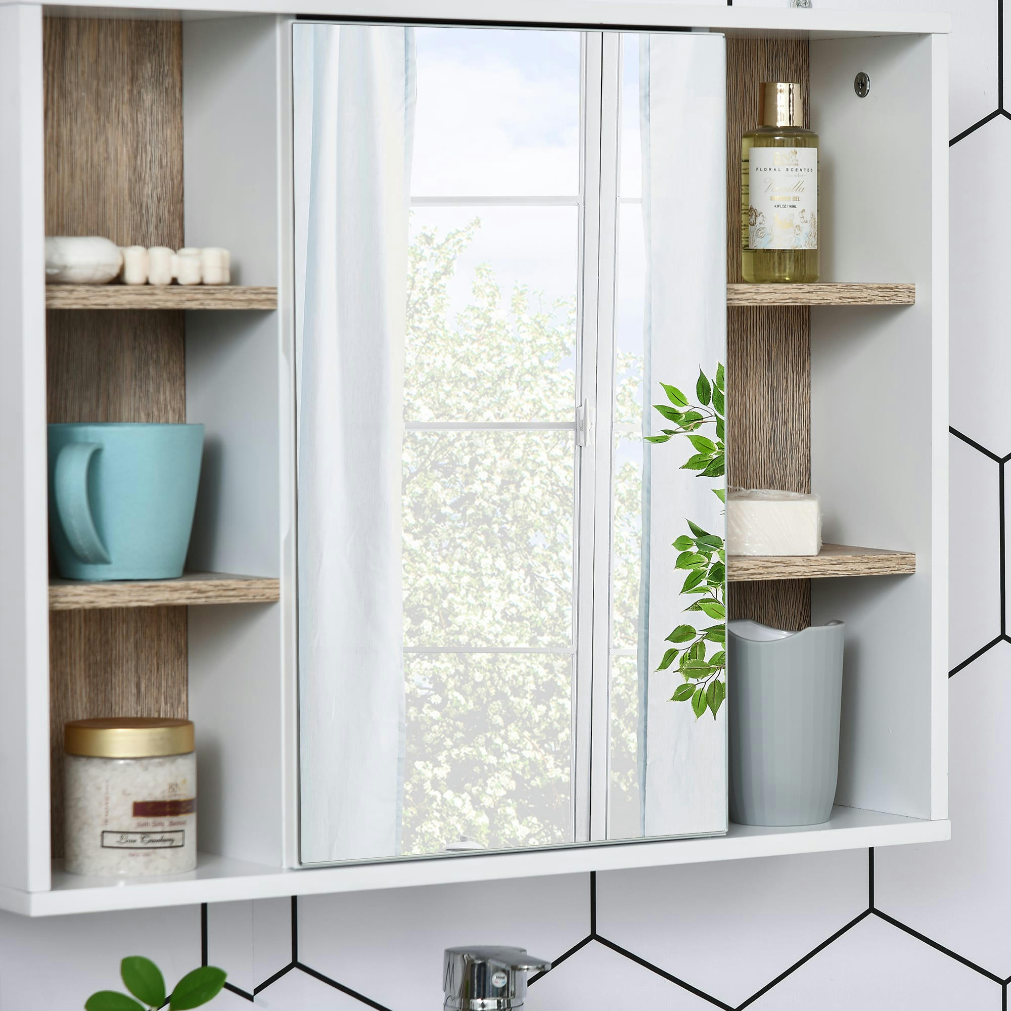 - Miroir salle de bain placard étagères blanc chêne clair