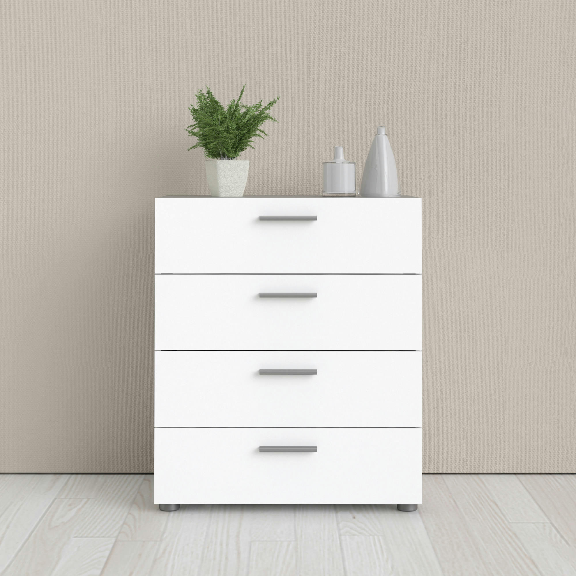 - Commode 4 tiroirs effet bois blanc