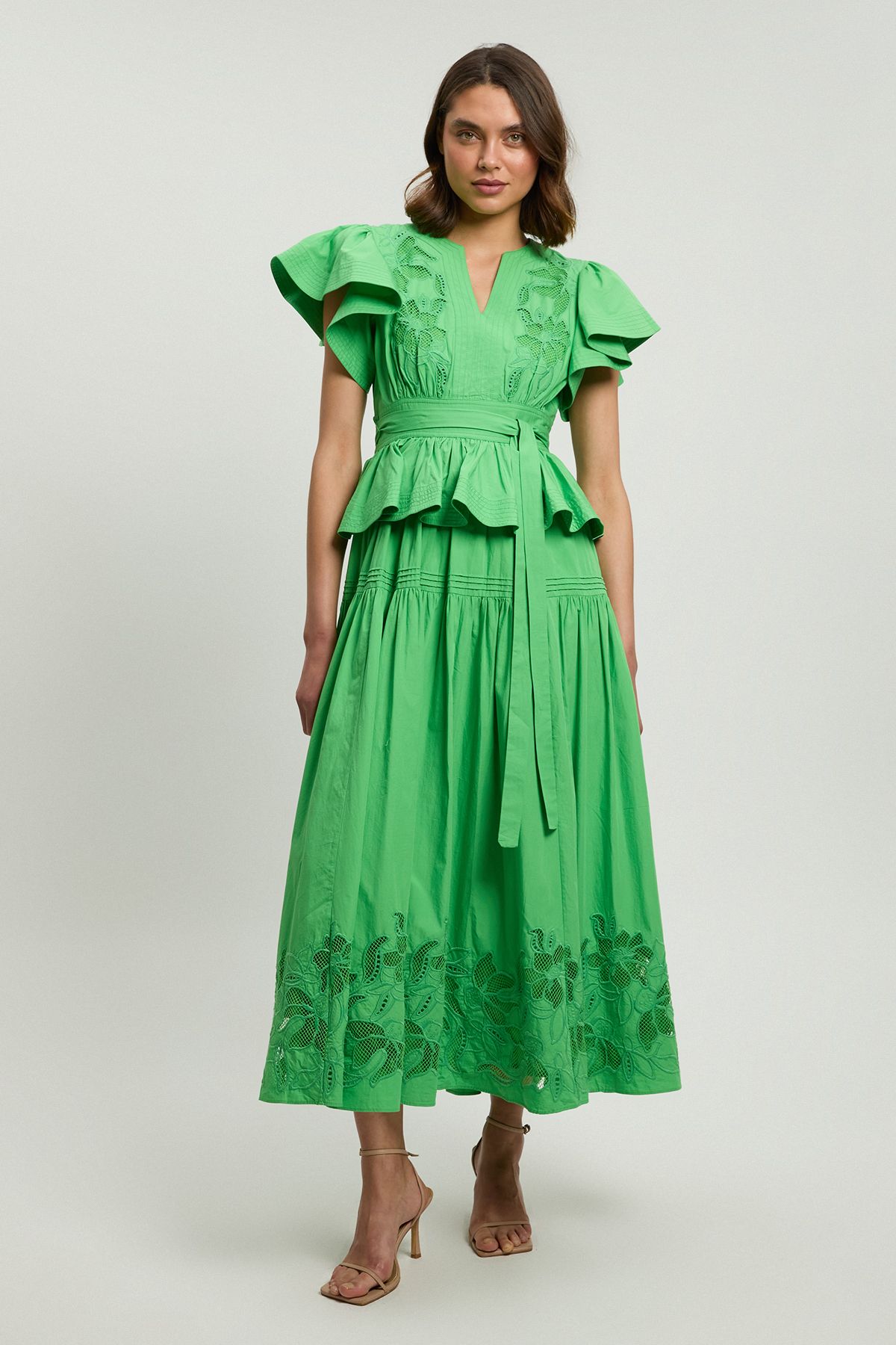 KarenMillen Cotton Cutwork Belted Midi Dress