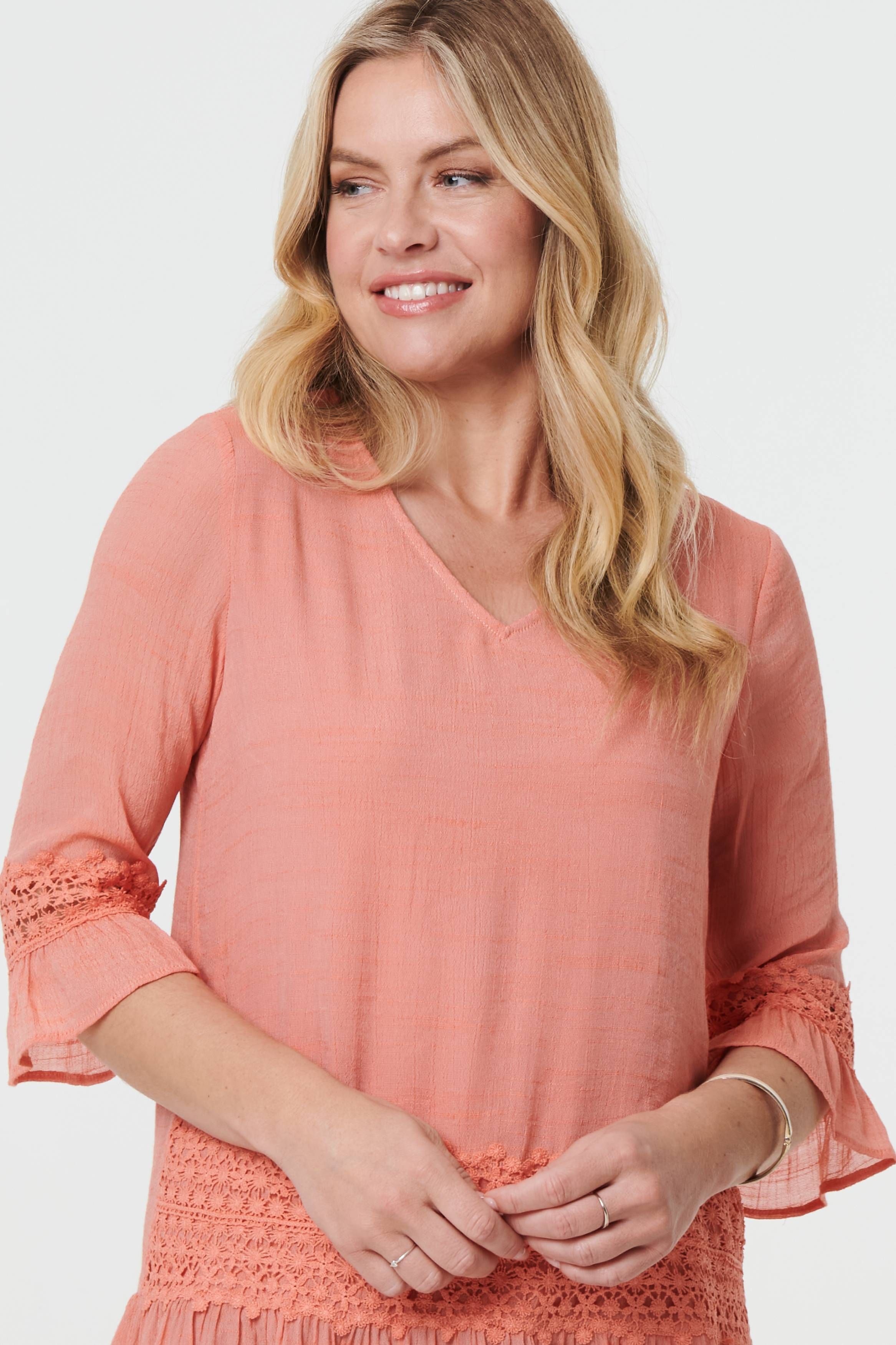 Izabel London Lace Trim 3/4 Flared Sleeve Blouse