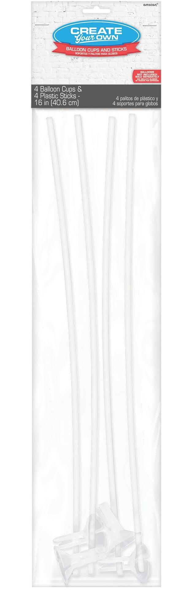 Balloon Sticks with Cups, Clear, 16-in, 4-pk, for Birthday/New Year's Eve/Graduation