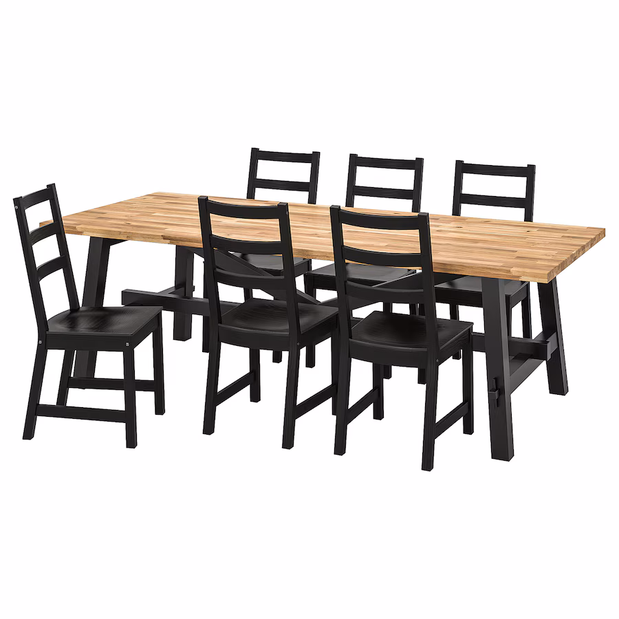 SKOGSTA / NORDVIKEN Table and 6 chairs, acacia/black, 92 1/2x39 3/8 