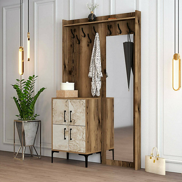 Meuble d'entrée Dperron, Crochet d'entrée, Console de rangement multifonction, 120x35h200 cm, Noyer et Blanc