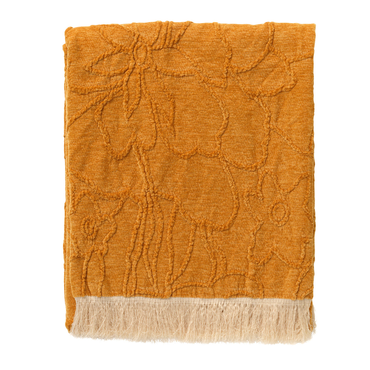 FLORINE - plaid 140x180 cm - ingeweven patroon - effen kleur met franjes - Golden Glow - geel