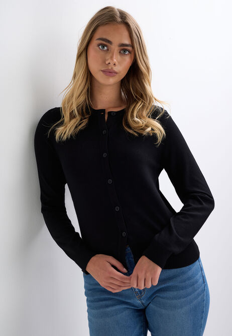 Womens Black Crew Neck Cardigan