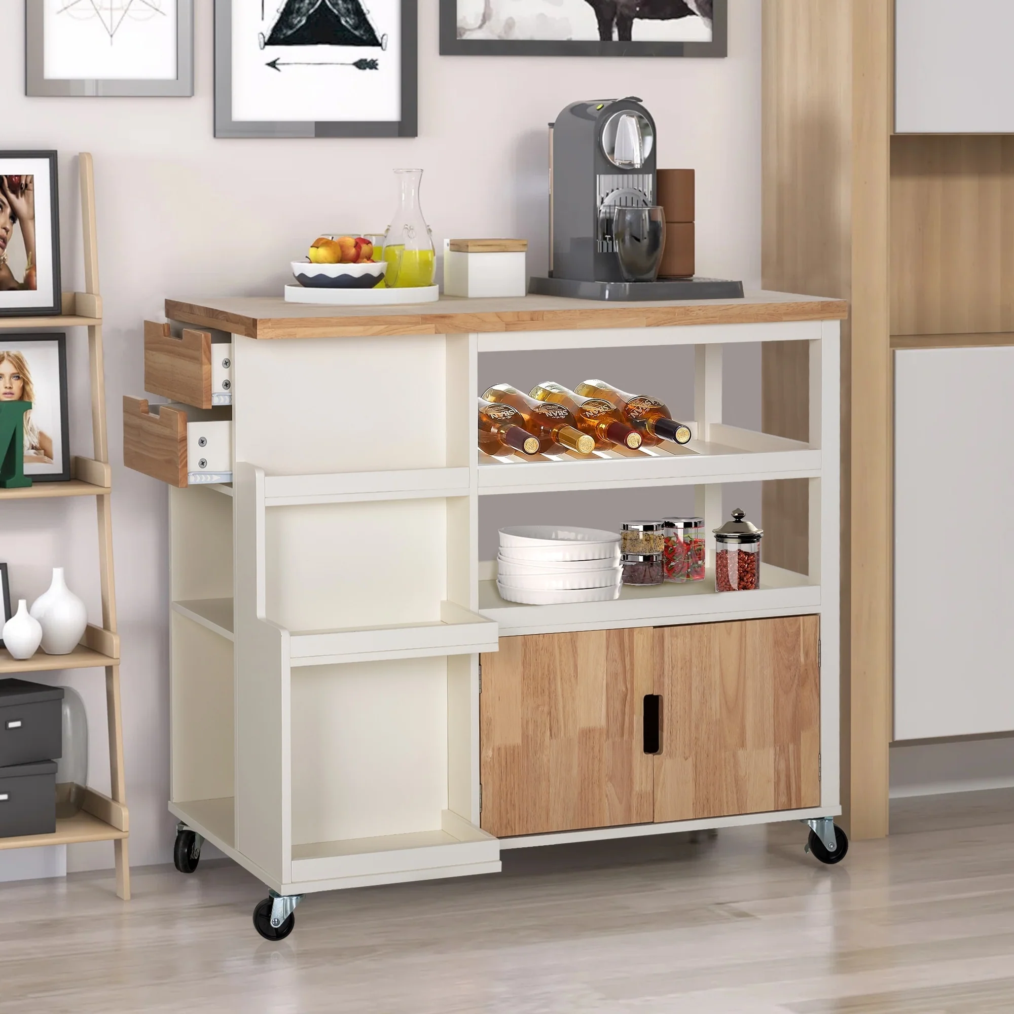 Portable Kitchen Cart Wood Top Kitchen Trolley with Drawers