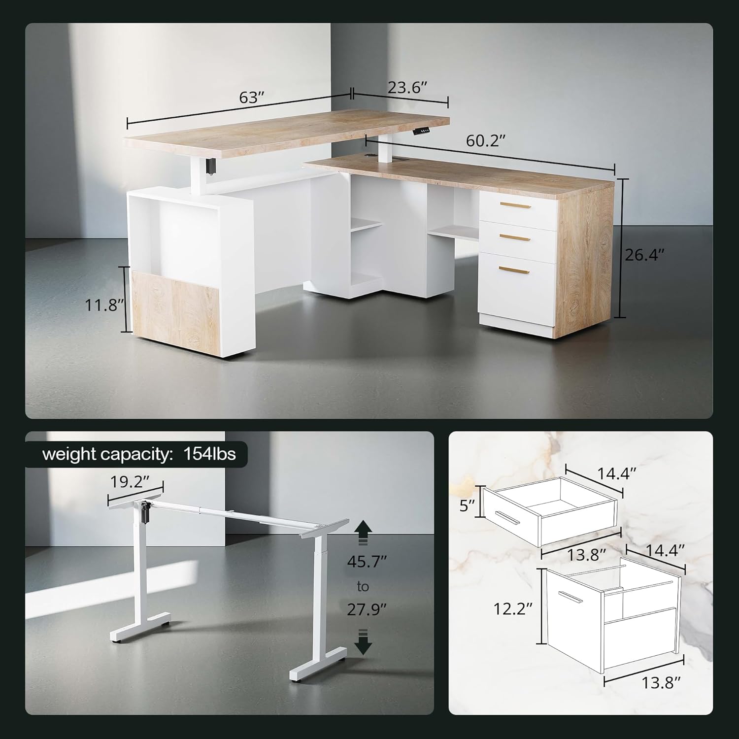 63 Standing Desk with File Cabinet, Privacy Panel, AC/USB, 1.18 Desktop, Executive L Shaped Height Adjustable Electric Stand Up Desk, Home Office Table with 3 Drawers, Light Walnut