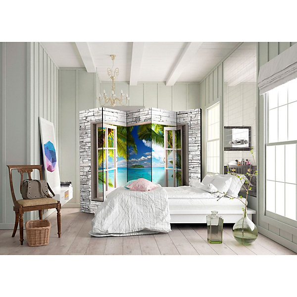 Paravent Ile de rêve II : évasion tropicale chez soi 225 x 172 cm Bleu et Vert