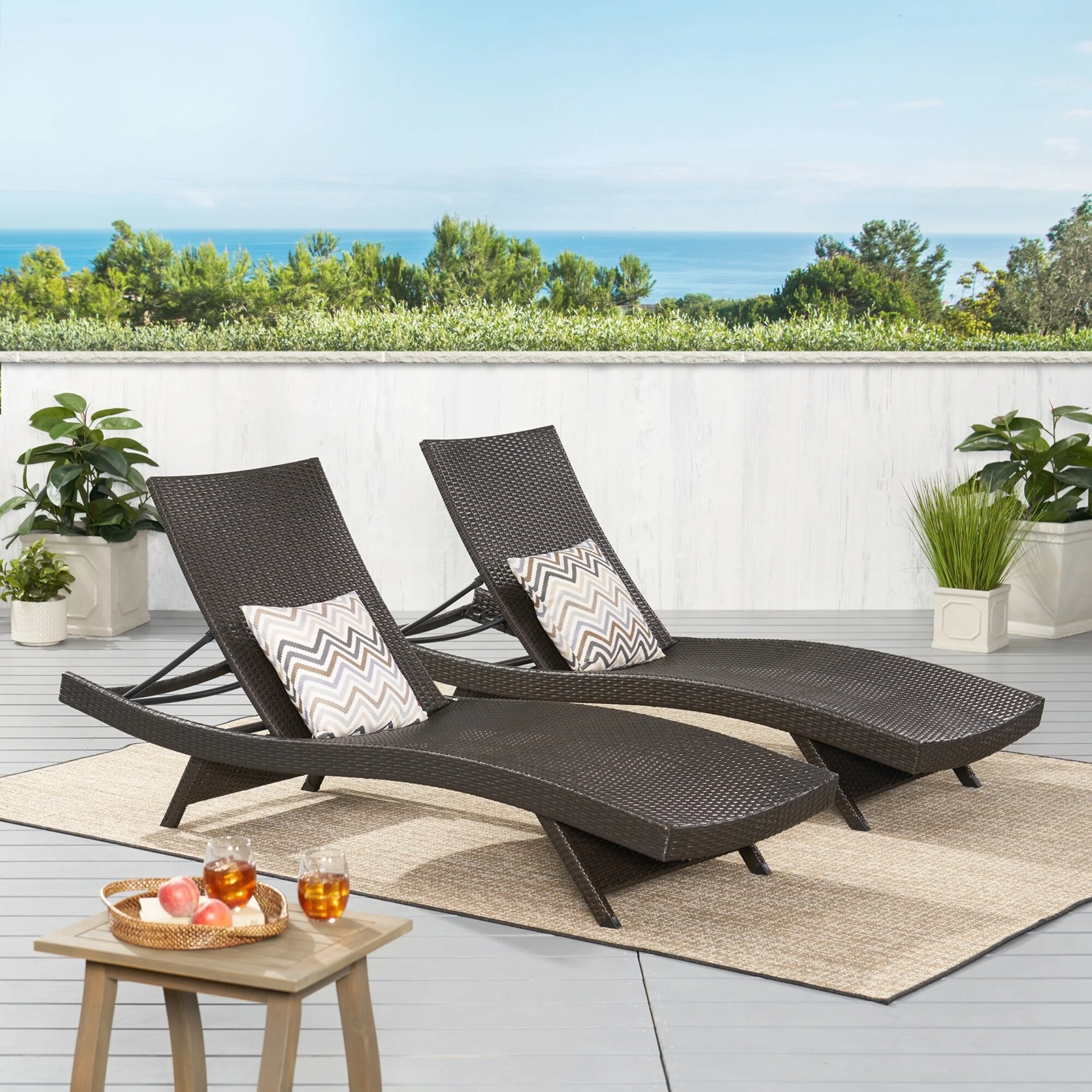 Adjustable Brown Wicker Lounge Chair Set Weather Resistant