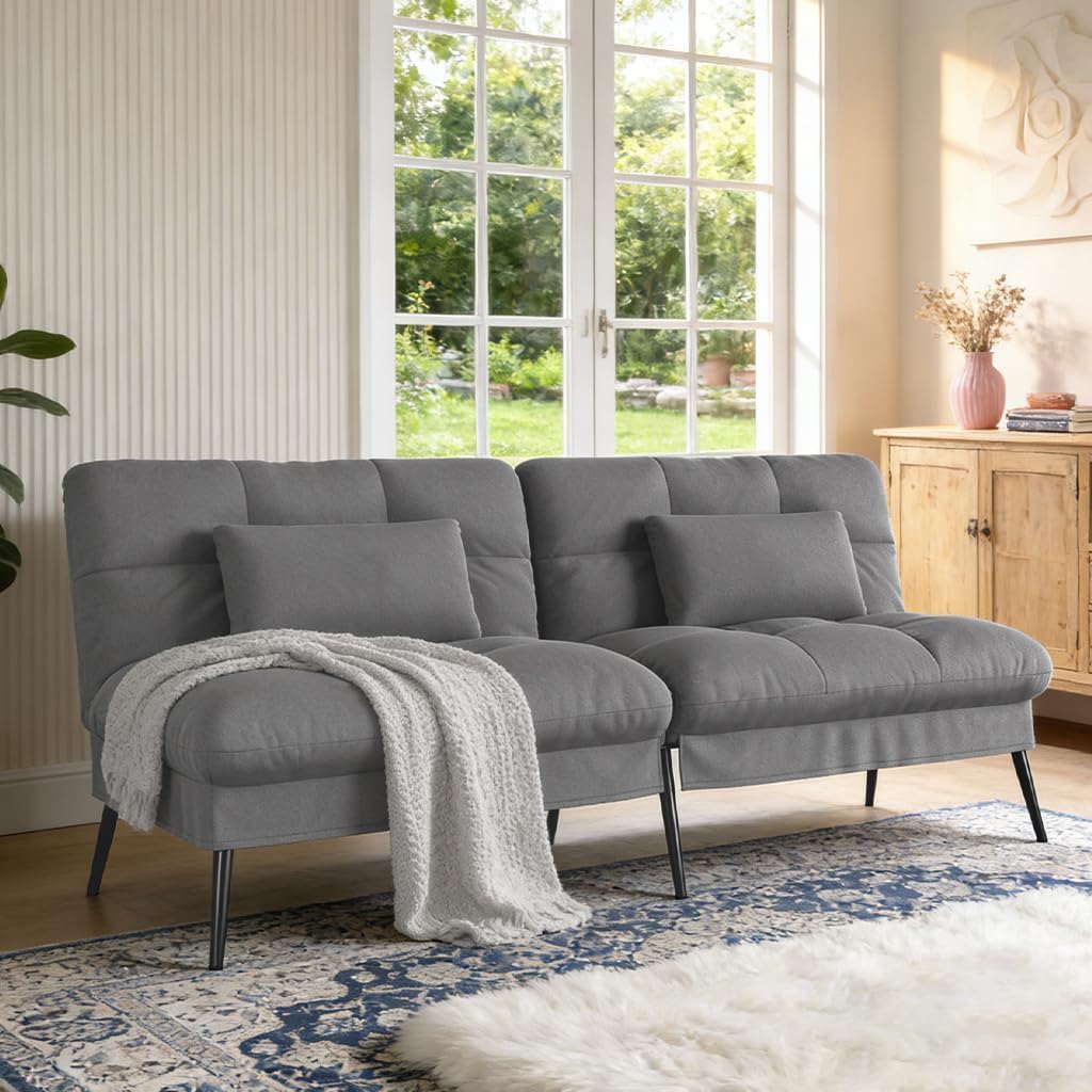 COMHOMA 72″Futon Sofa Bed,Modern Convertible Sleeper Sofa, Fabric Futon Couch with Multi-Position Backrest for Living Room Furniture (Grey)