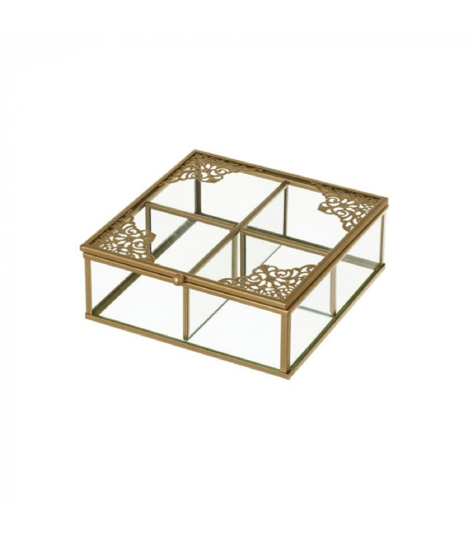 OR - Boîte à bijoux en métal doré et verre 4 compartiments