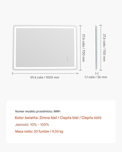 Lustro LED do Łazienki 70x100 cm z Podświetleniem i Funkcją Anti-Fog