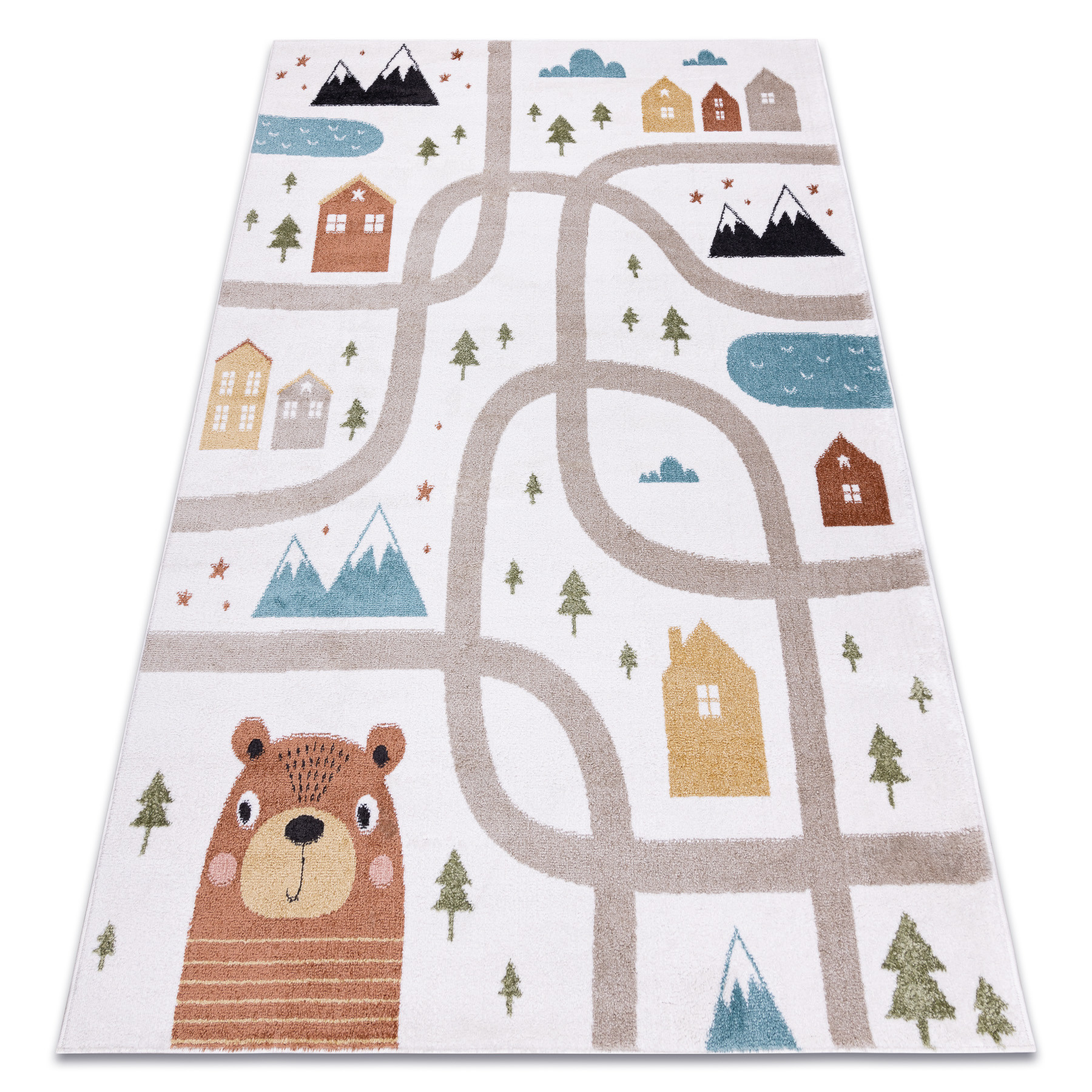 Dywan FUN Polar dla dzieci, uliczki, las, krem 80x150 cm