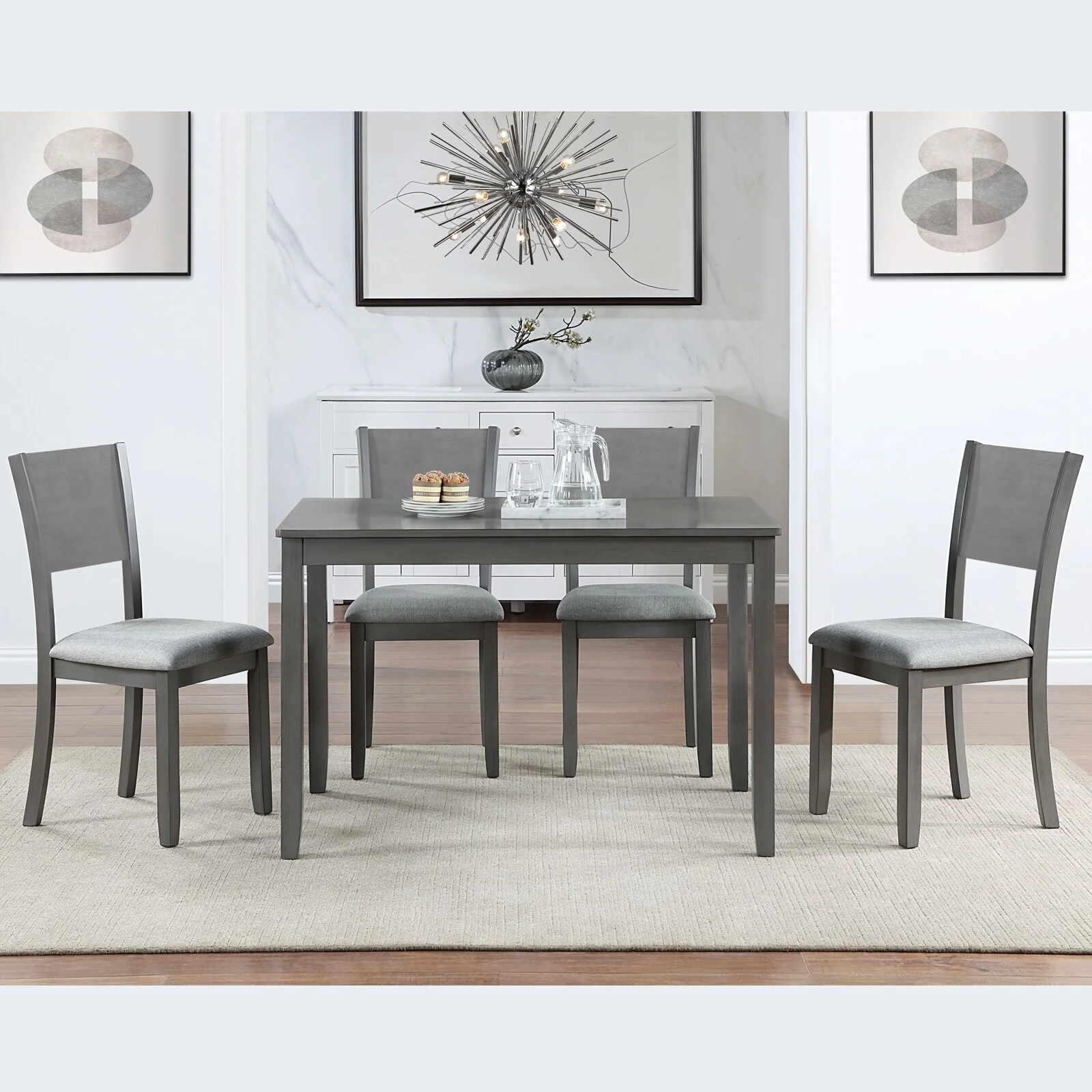 Dining Room Table Set for 4, 5 Piece Wooden Kitchen Table Set with 4 Upholstered Chairs and Solid Back