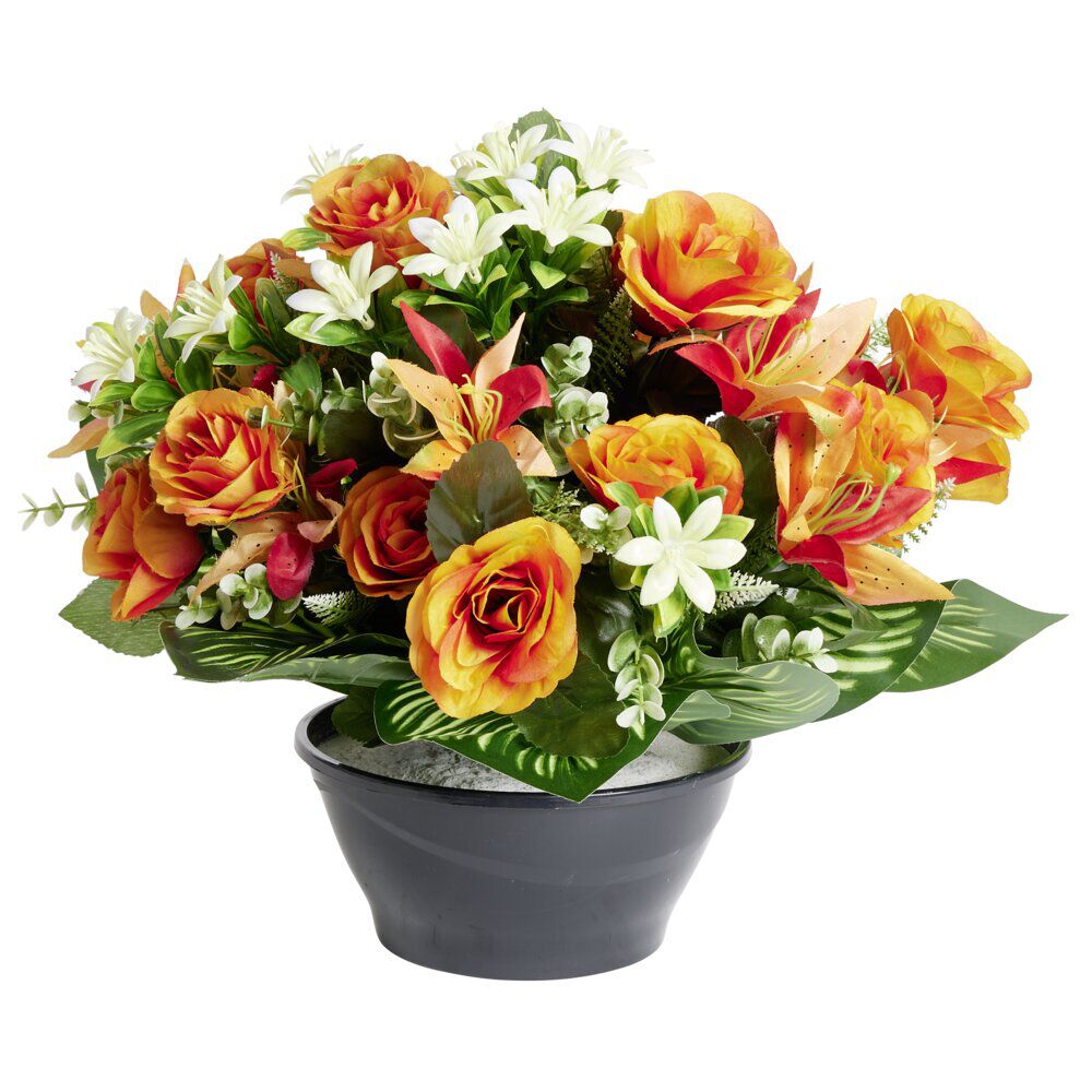 Composition florale artificielle lys rose eucalyptus orange vasque Ø38xH35cm