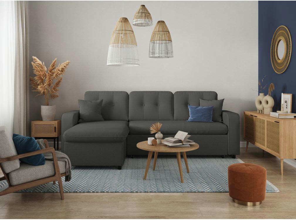 - Canapé d'angle 3 places convertible réversible en tissu - Gris foncé