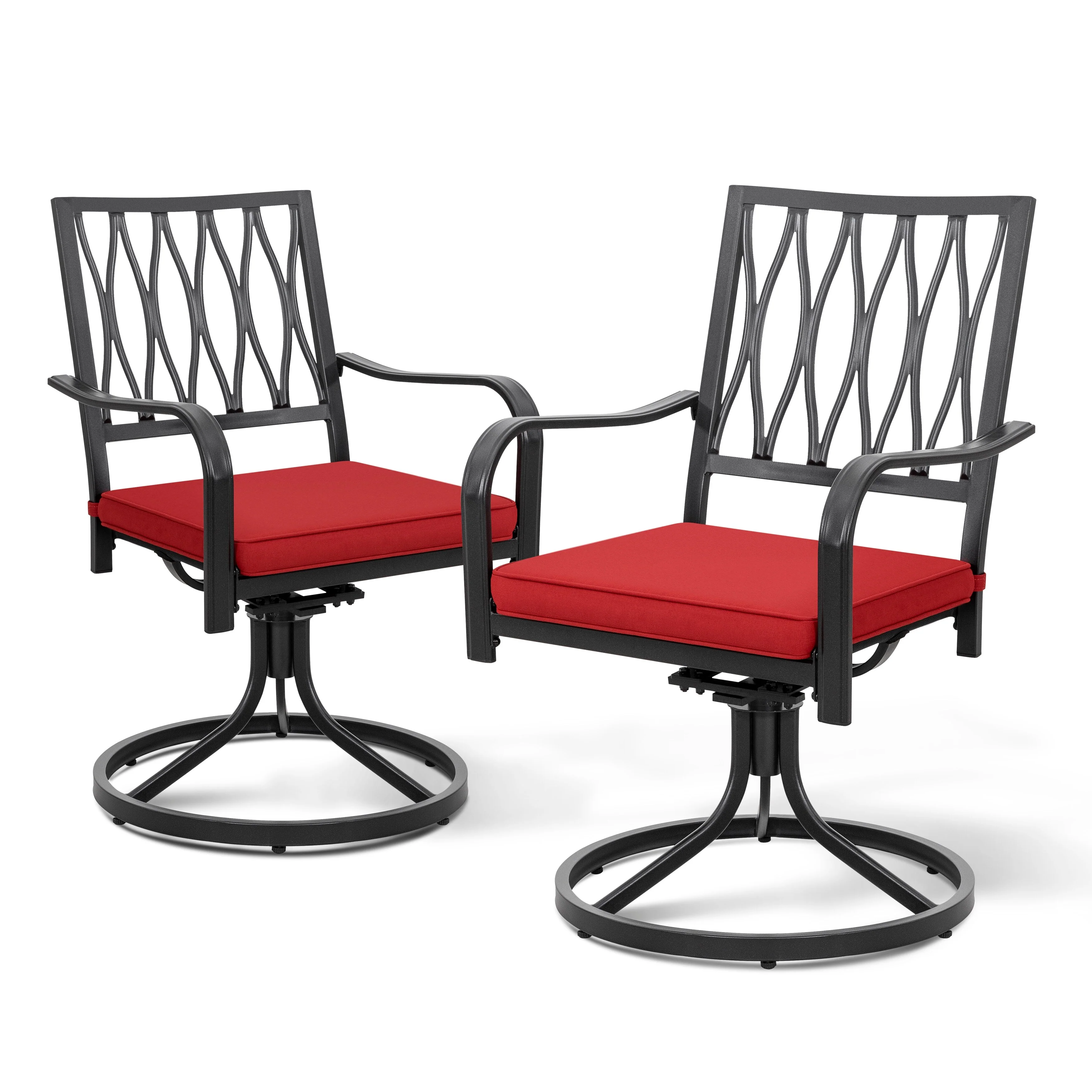 Outdoor 2-Piece Metal Swivel Dining Chairs with Red Cushions
