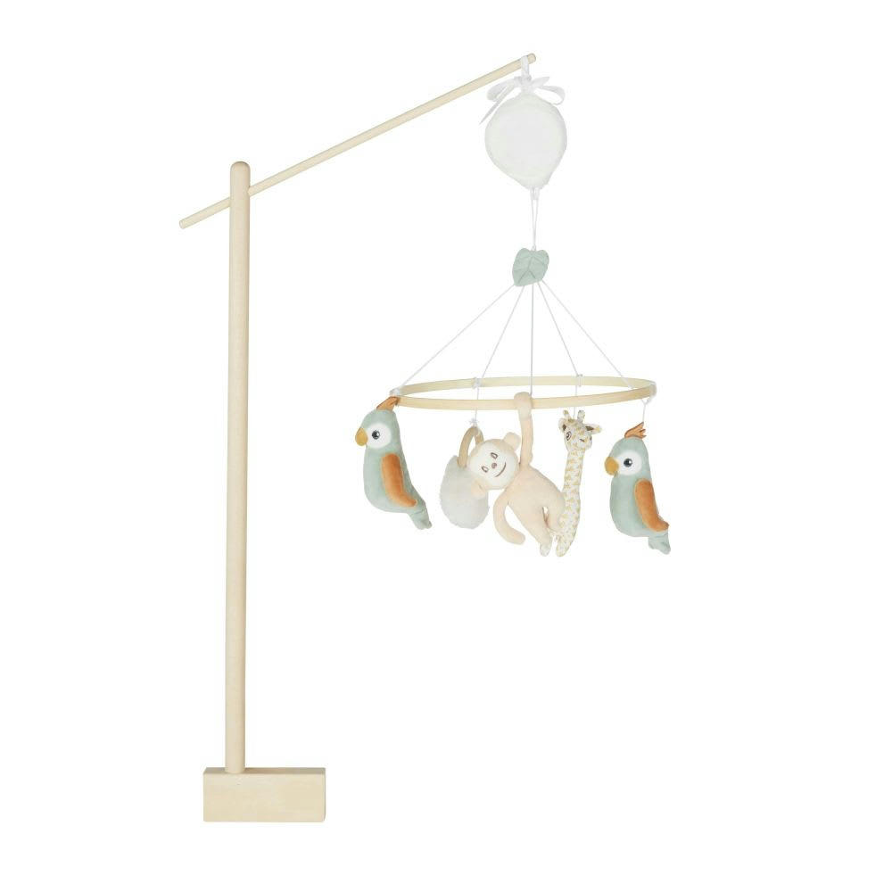 - Mobile musical bébé blanc, jaune moutarde, vert, corail et marron