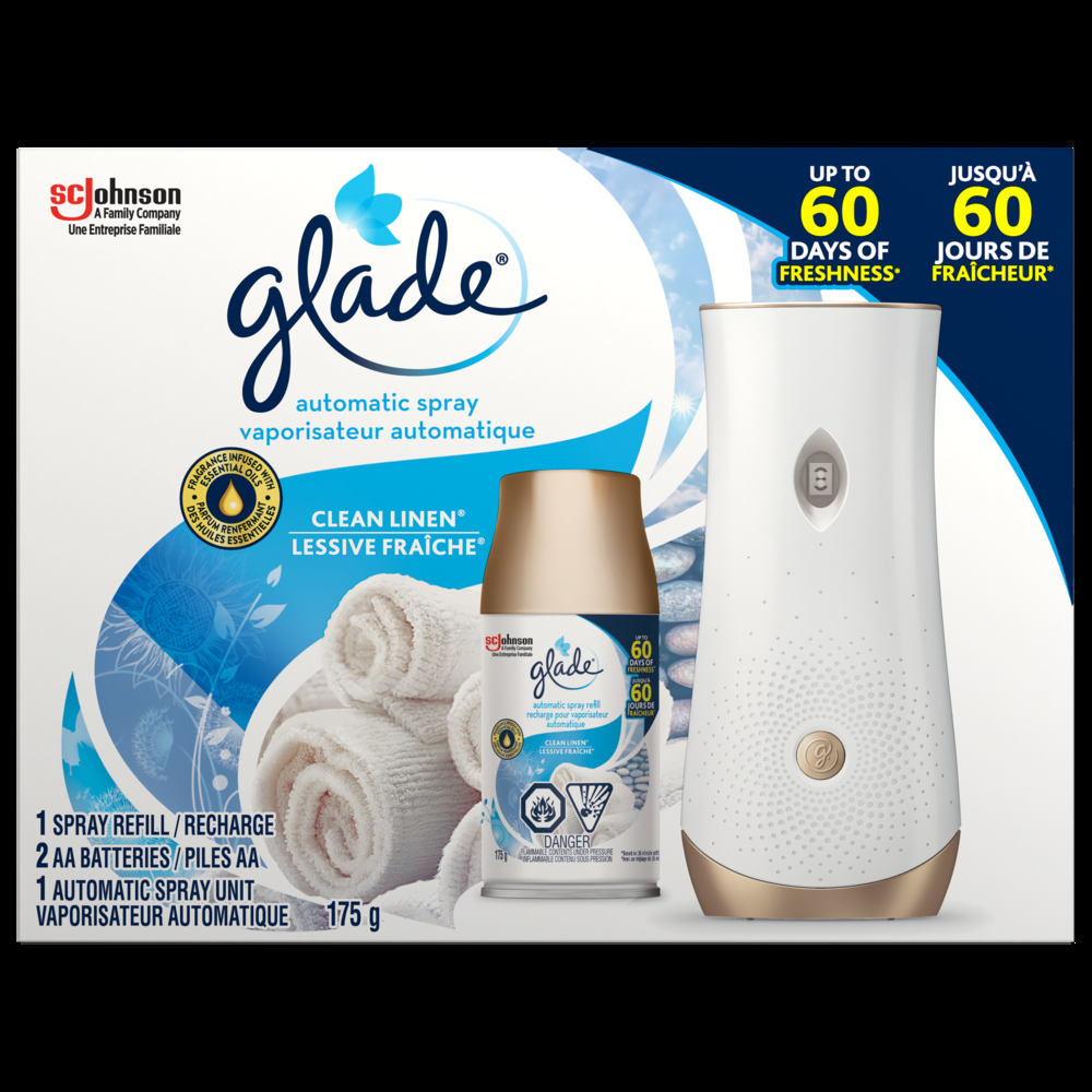 Glade Automatic Room Spray Starter Kit, Clean Linen, 175-g, Includes Spray Unit, Refill and 2 Batteries