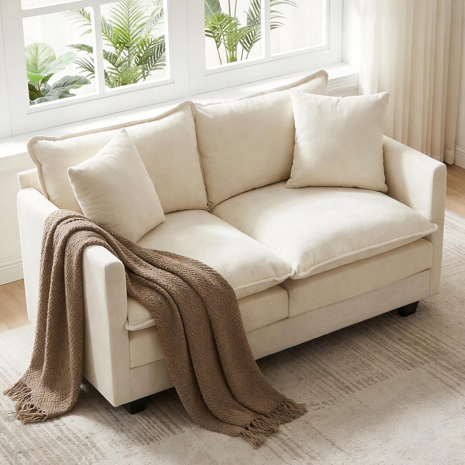52 Loveseat Sofa, Modern Love Seat Couches, Small Loveseat for Small Spaces, Comfy Chenille Deep Seat Cloud Loveseat with 2 Pillows for Living Room, Bedroom,Apartment and Office, Beige