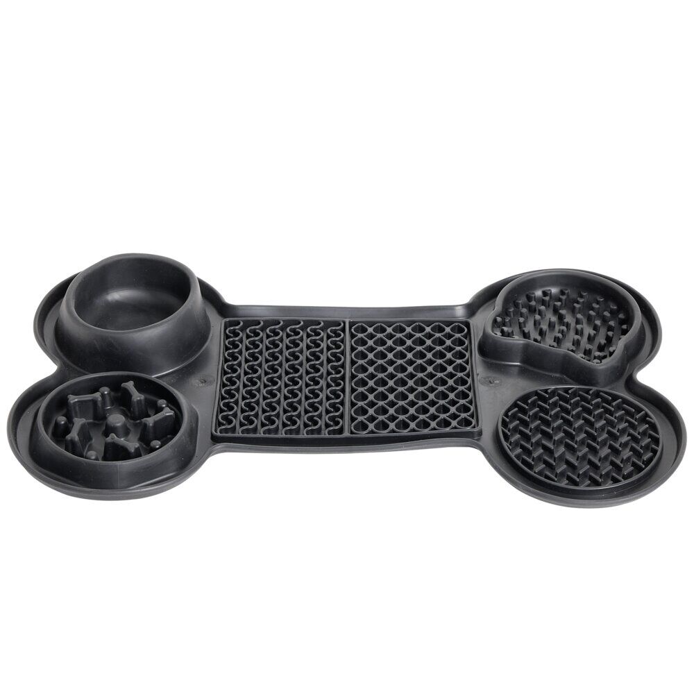 Tapis gamelle chien léchage et anti glouton forme os noir 37,8x22,3xH4cm