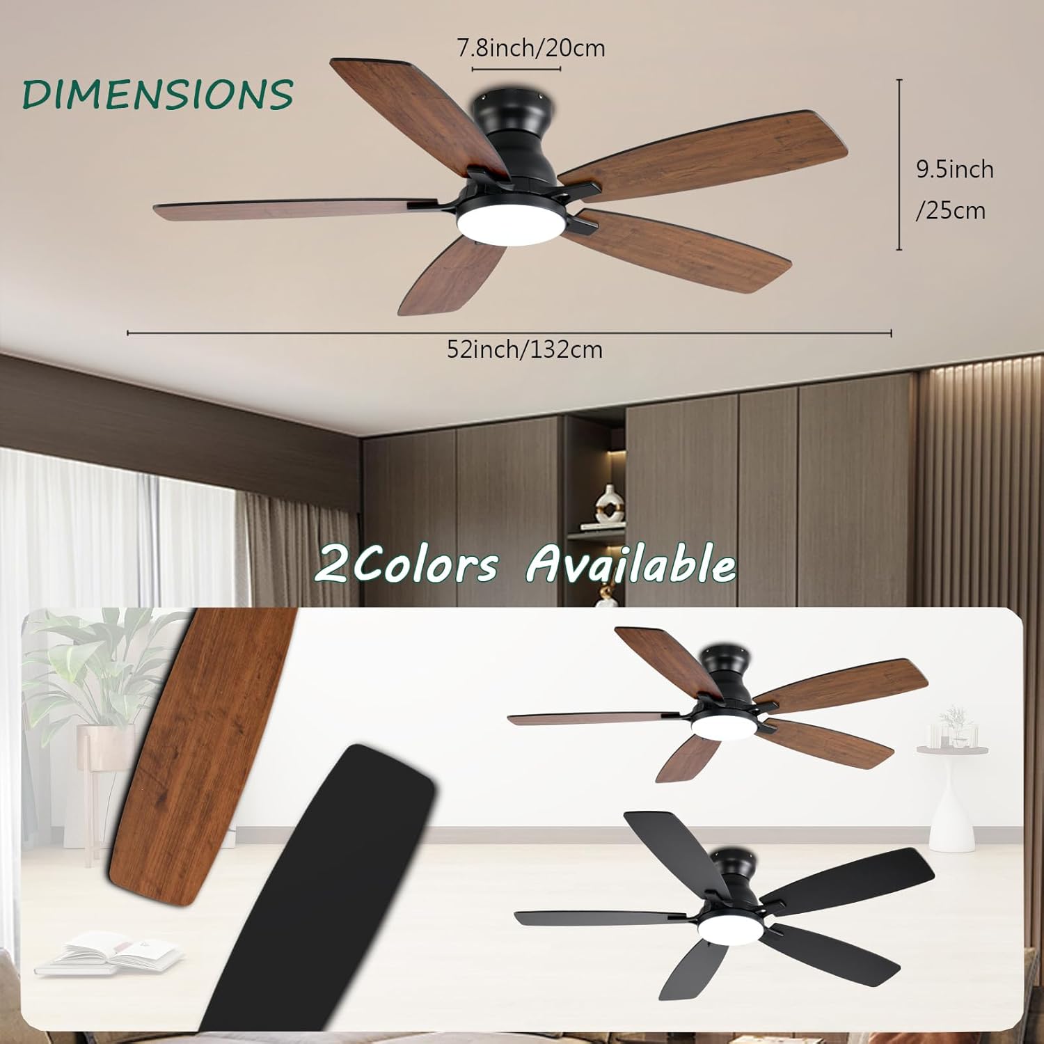 NKPU Ceiling Fans with Lights, Low Profile Ceiling Fan with Light and Remote/APP Control, DC Motor, Noiseless, Flush Mount, 52inch Brown Ceiling Fan for Bedroom Indoor/Outdoor Use