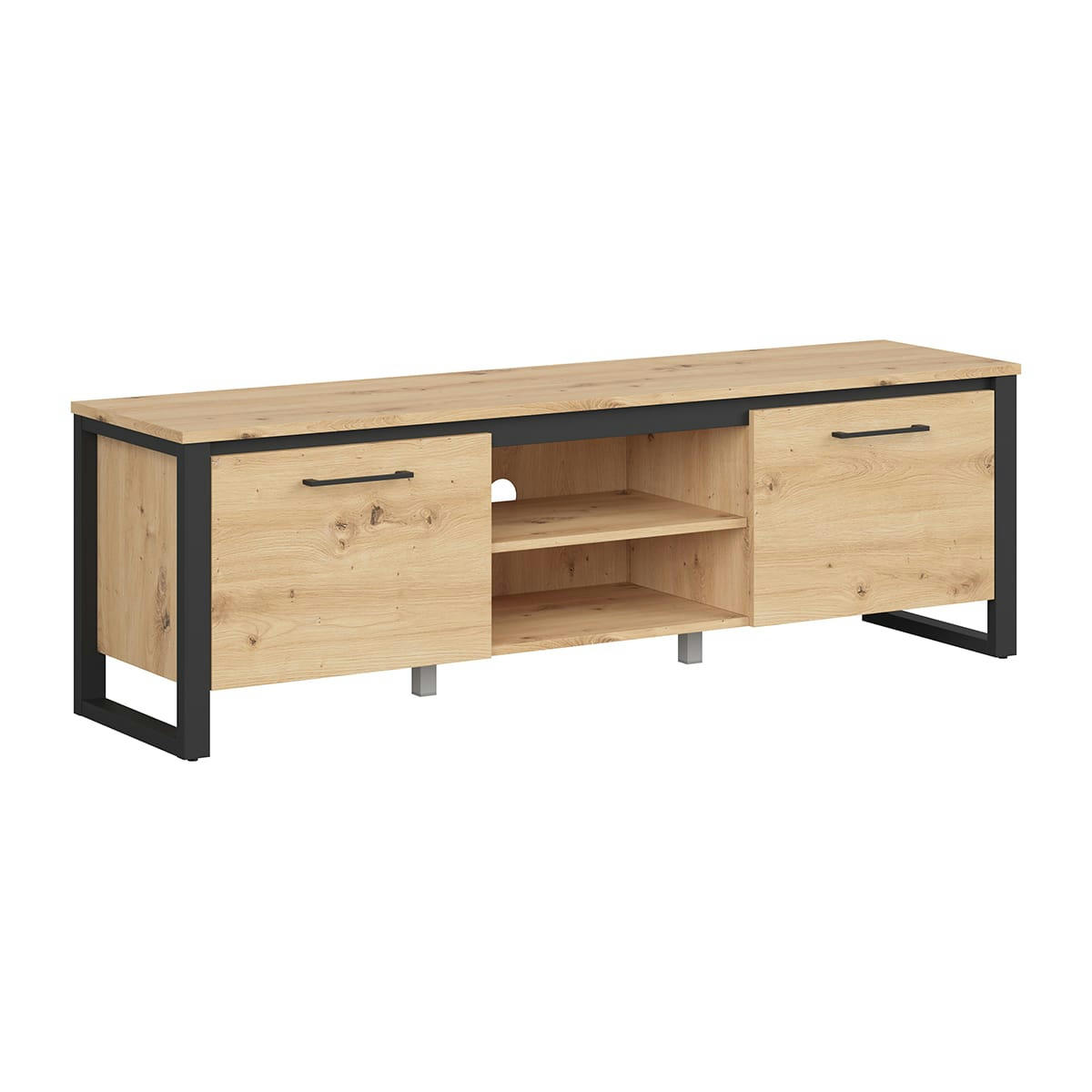 - Meuble tv 2 portes 2 niches 160 cm naturel et noir