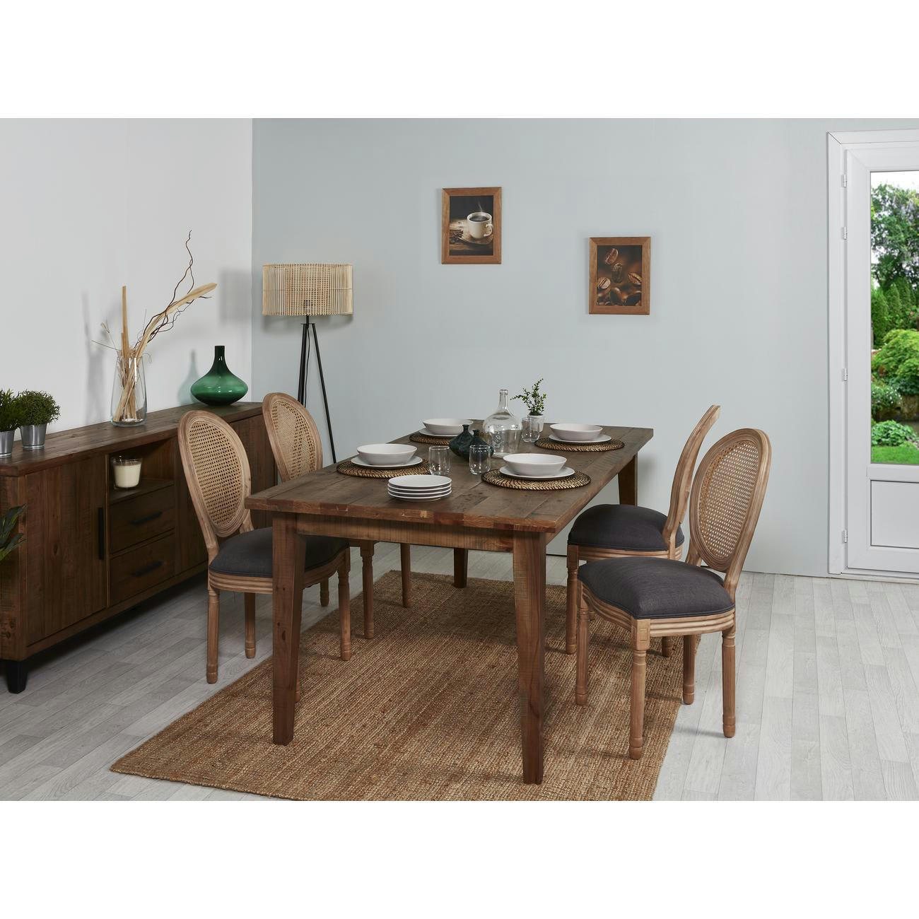 MEDAILLON - Lot de 2 - Chaise assise tissu dos cannage gris anthracite pieds bois