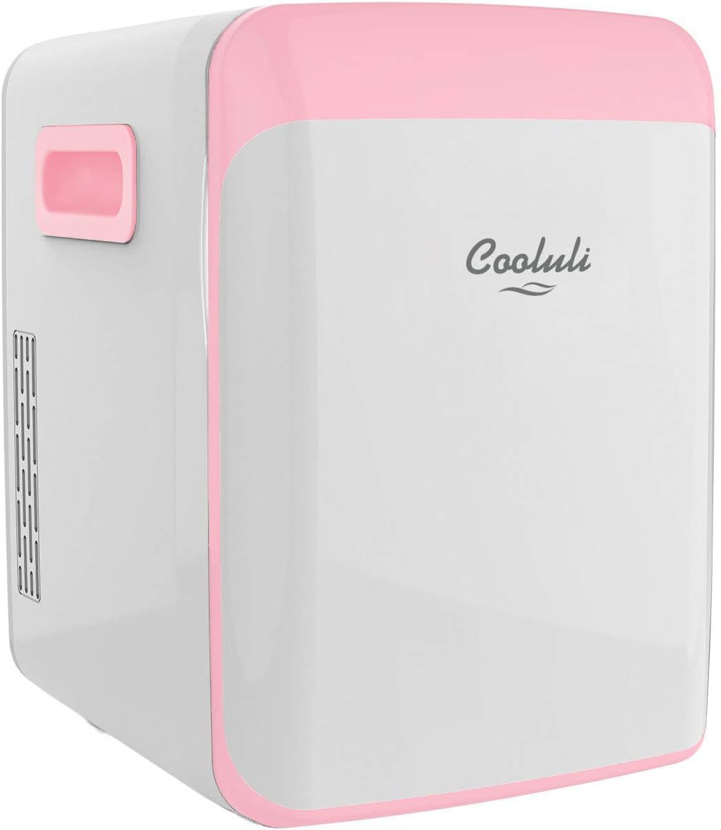 Cooluli 15L Mini Fridge for Bedroom - Car, Office Desk & College Dorm Room - 12V Portable Cooler & Warmer for Food, Drinks, Skin Care, Beauty, Makeup & Cosmetics - AC/DC Small Refrigerator (Pink)