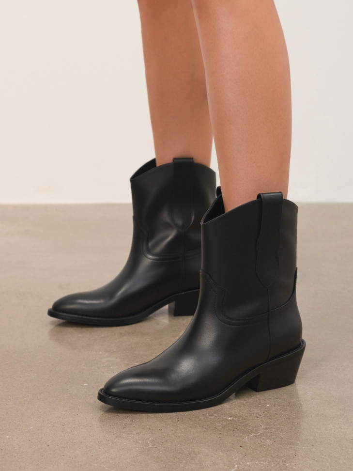 Black leather cowboy boots with slip-on upper