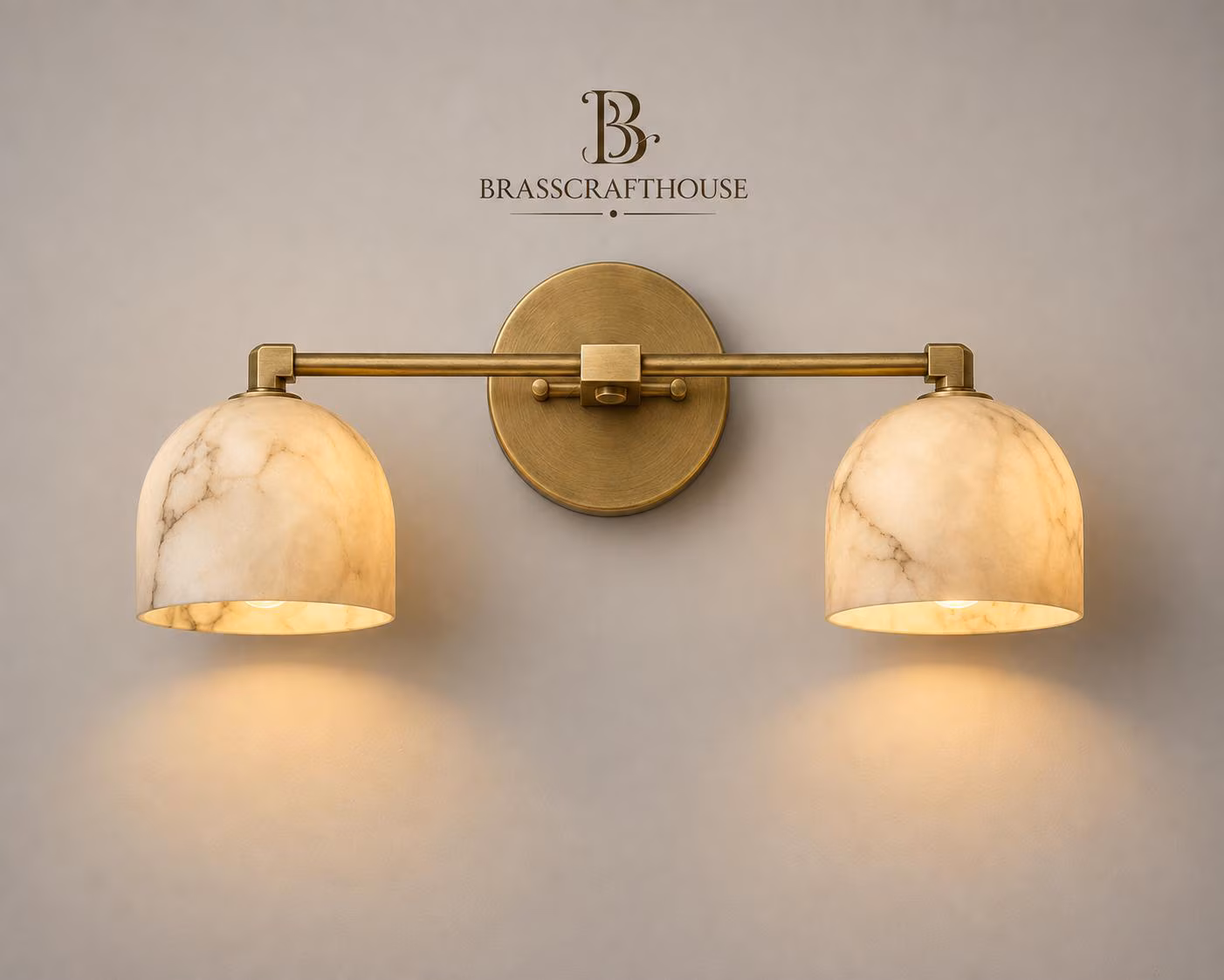 Modern Alabaster Brass Sconce | Double Bathroom Vanity Light, Natural Stone Lamp