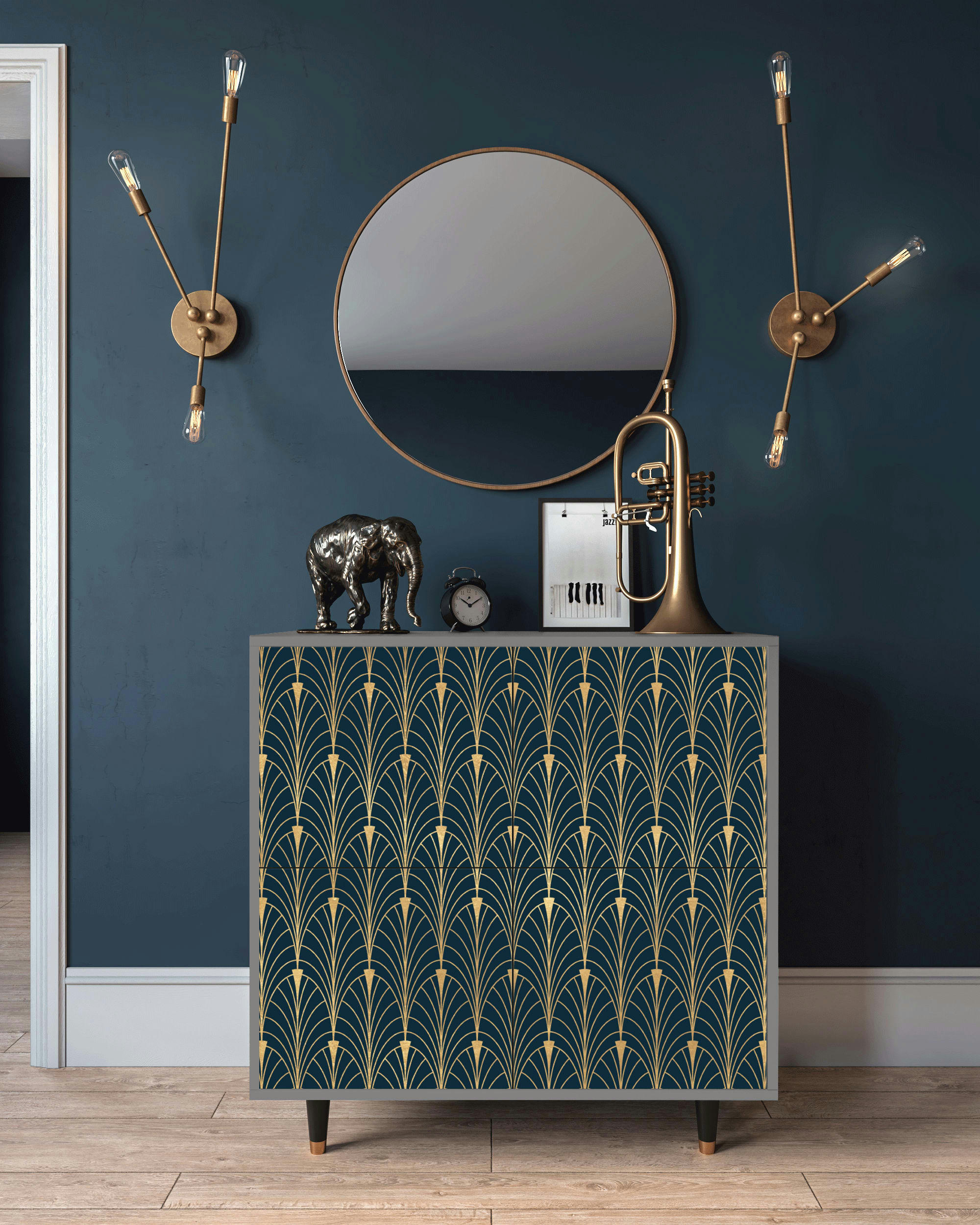 FLOWER OF THE NILE - Buffet  bleu et jaune 4 portes L 94 cm