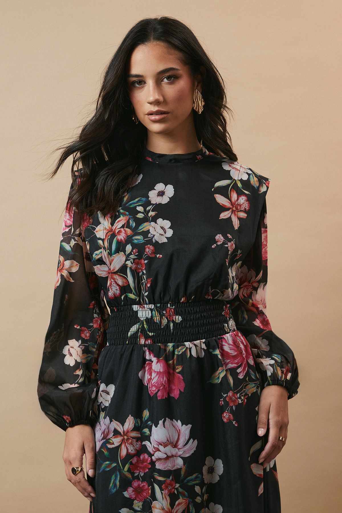 Oasis Floral Organza Shirred Waist Tie Back Midi Dress