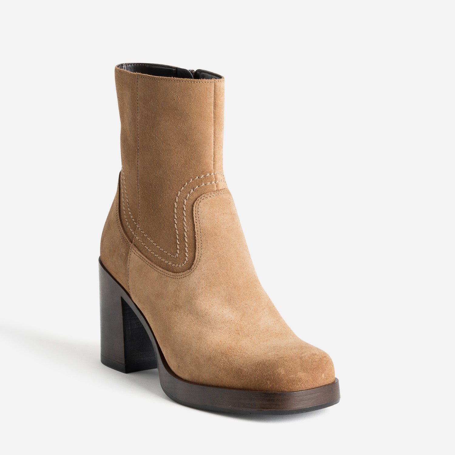 Boots à talon camel en cuir velours