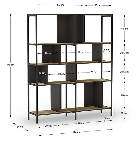 Bibliothèque, meuble étagère aspect bois coloris chêne et métal noir - Longueur 144 x Profondeur 35 x Hauteur 175 cm