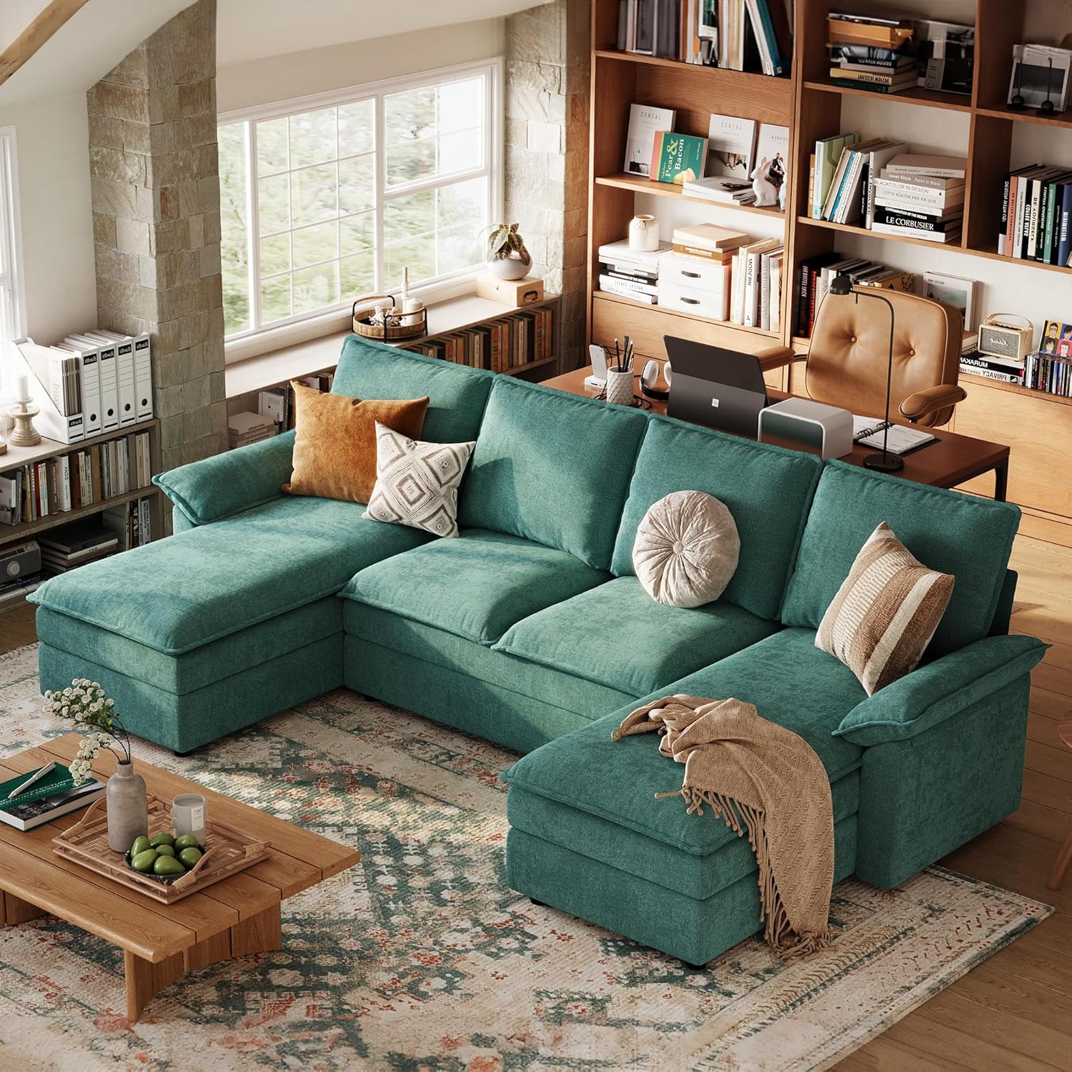 LINSY HOME Cloud Couch Modular Sectional, 115 U Shaped Sofa Couches with Double Chaise, Chenille 4 Seater Sofa Set for Living Room, Apartment, Office, Green
