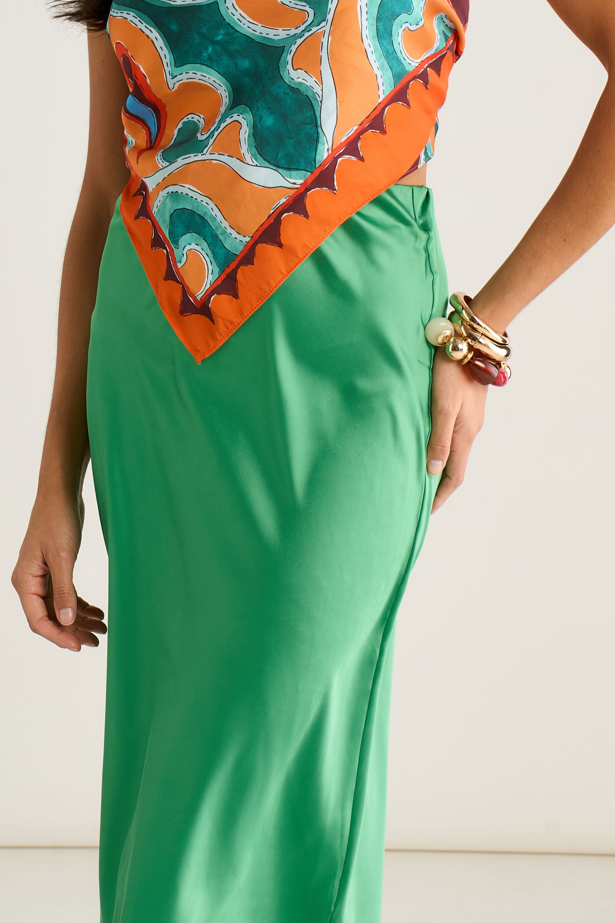 Gini London Green Satin High Waist Midi Skirt
