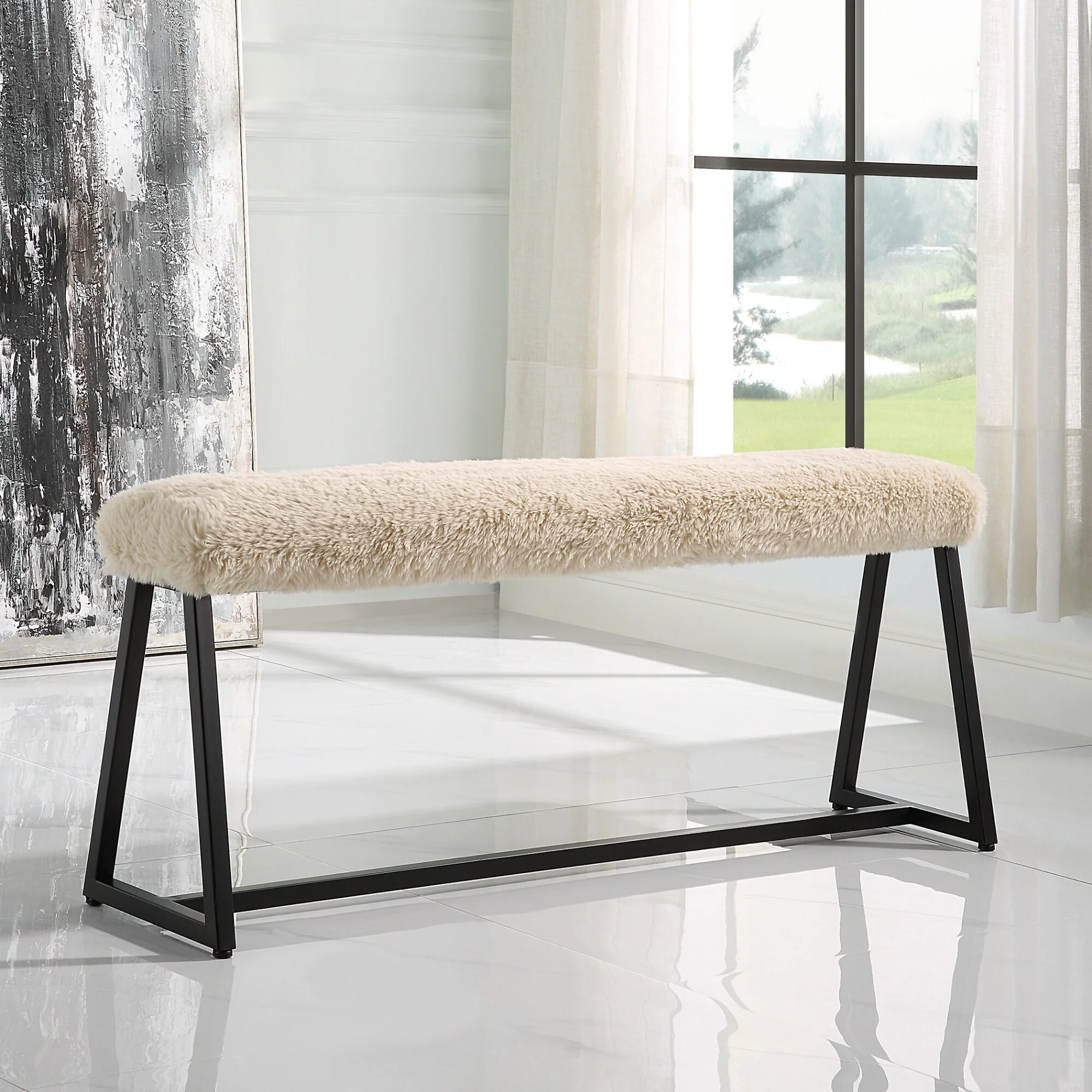 Upholstered Rectangular Slim Bench - 49 - Beige and Black