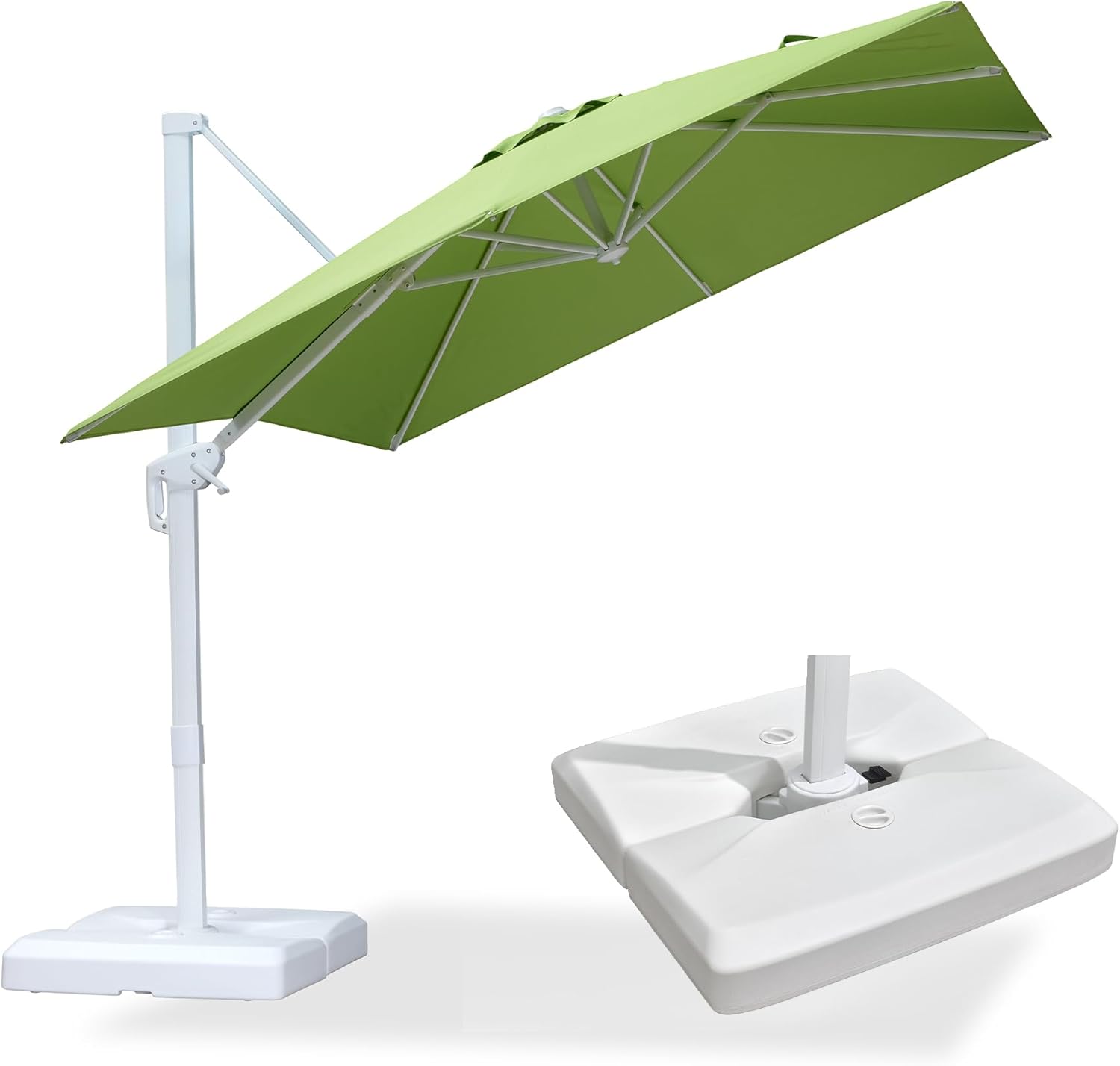 PURPLE LEAF 8 FT Patio Umbrella With Base White Cantilever Umbrella Square Outdoor Offset Umbrella Windproof with 360° Rotation for Garden Deck Pool, Macaw Green