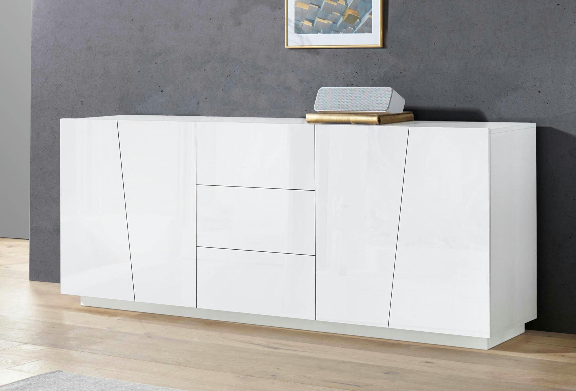 DMICILL - Buffet haut 4 portes et 3 tiroirs effet bois blanc brillant