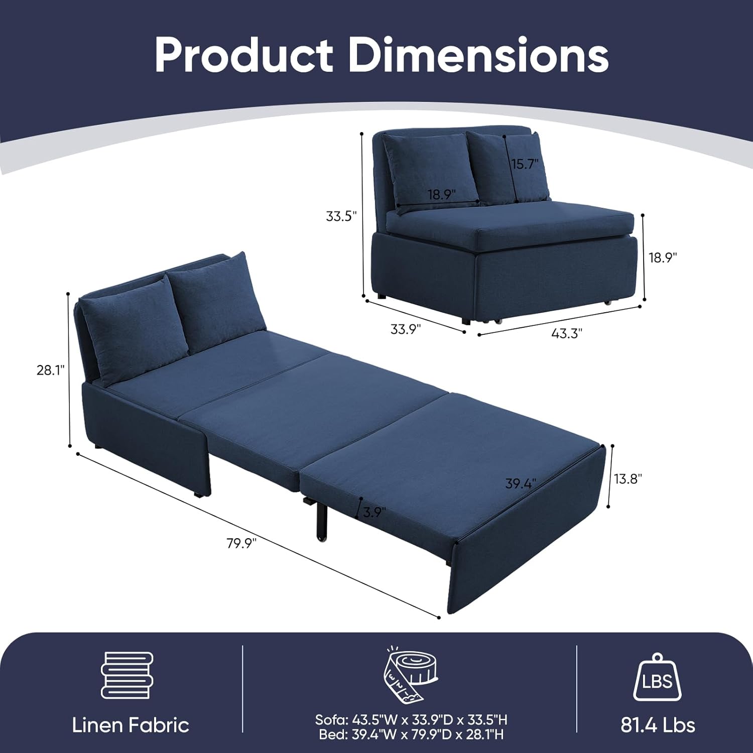ijuicy 3 in 1 Twin Size Pull Out Sofa Bed Linen Sleeper Sofa with Pullout Bed, Convertible Loveseat Couch Beds with Pillows and Tri-fold Mattress for Small Space Apartment, Dark Blue