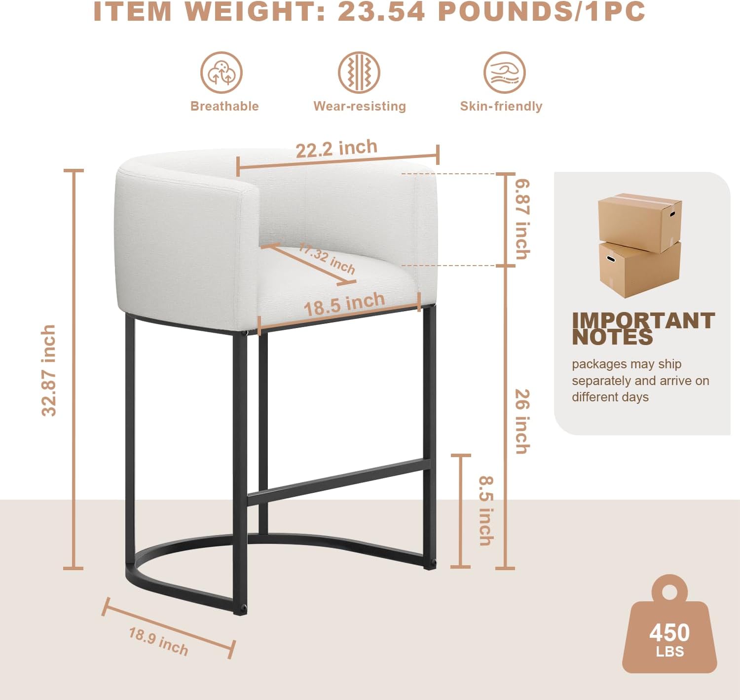 26 H Counter Height Bar Stools Set of 3, Modern Barrel Counter Stools with Backrest and Arms, Linen Fabric Upholstered Accent Barstools for Kitchen Island,Support 450 LBS (White)