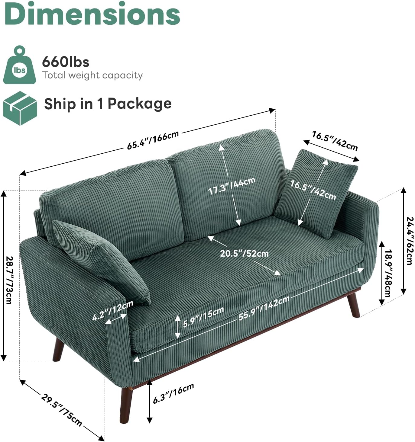 Tbfit 65 Corduroy Love Seat with Spring Cusions, Mid Century Modern Loveseat Sofa for Livingroom & Bedroom, Comfy Upholstered Small Couch